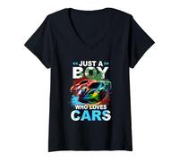 Donna Just Boy Who Loves Cars Cool Sleek Appassionato di Auto Sportive Maglietta con Collo a V