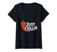 Donna Just Chillin Funny Chili Pepper Lovers Uomini Donne Bambini Maglietta con Collo a V