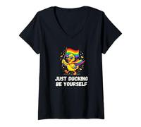 Donna Just Ducking Be Yourself Anatra Arcobaleno LGBTQ+Orgoglio Gay Pride Maglietta con Collo a V