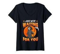 Donna Just Here Waiting for You Grim Reaper Halloween Costume Maglietta con Collo a V