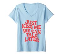 Donna Just Kiss Me We Can Talk più Tardi Ragazze Party Ondulato Stile Retro Maglietta con Collo a V
