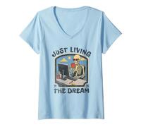 Donna Just Living The Dream Skeleton Working Remote Beach Life Maglietta con Collo a V