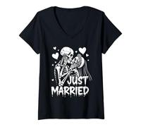 Donna Just Married Scheletri Gothic Romance Spooky Halloween Party Maglietta con Collo a V