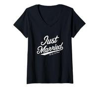 Donna Just Married So Far So Good Script Divertente Dichiarazione audace Maglietta con Collo a V