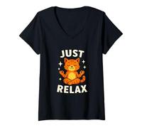 Donna Just Relax, Gatto Meditazione Divertente Design Zen Maglietta con Collo a V
