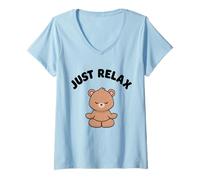 Donna Just Relax - Orsetto Kawaii per Yoga, Divertente e Senza Stress Maglietta con Collo a V