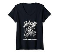 Donna Just Ride Motorcycle Graphic, Dirt Bike Design, Motocross Maglietta con Collo a V