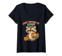 Donna Just Try to Exist Triste Procione con Valigia Retro Graphic Maglietta con Collo a V