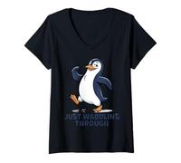Donna Just Waddling Through Cute Penguin Cartoon Maglietta con Collo a V