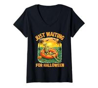Donna Just Waiting For Halloween - Funny Skeleton Summer Halloween Maglietta con Collo a V