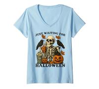 Donna Just Waiting for Halloween Skeleton Coffee Jack O Lanterna Maglietta con Collo a V
