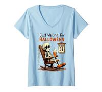 Donna Just Waiting for Halloween Skeleton Drink Maglietta con Collo a V