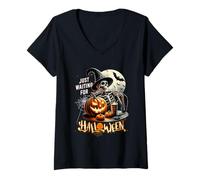 Donna JustWaiting for Halloween Scheletro Strega Zucca Fantasma Maglietta con Collo a V