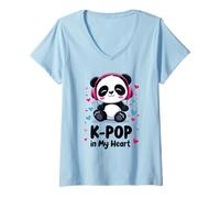 Donna K-pop In My Heart Sweet Panda Musica Coreana Corea Del Sud Maglietta con Collo a V