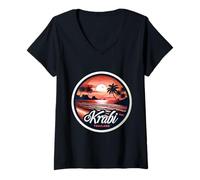 Donna Kabi Thailandia Vintage Tramonto Esotico Spiaggia Retro Sun Souvenir Maglietta con Collo a V