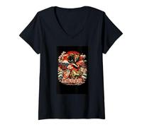 Donna Kabuki - Kimono Giapponese con Gatto Nero, Stile Ukiyo-e, Pagoda di Ciliegie Maglietta con Collo a V
