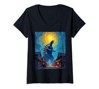 Donna Kaiju, Mostro, torreggiante, sopra, Skyline Città, Disegno Maglietta con Collo a V