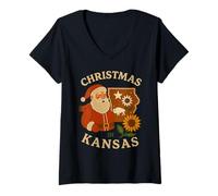 Donna Kansas Santa Claus Camicia Natale Buffalo Girasoli Mappa Maglietta con Collo a V
