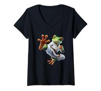 Donna Karate Frog Kick Arti Marziali Stile Maglietta con Collo a V