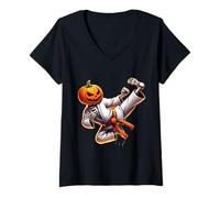 Donna Karate Halloween Zucca Scheletro Spettrale Arti Marziali Maglietta con Collo a V