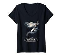 Donna Katana Samurai Inchiostro Pennello Monte Fuji Zen Giappone Maglietta con Collo a V