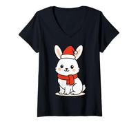 Donna Kawaii Arctic Lepre in Sciarpa Rossa e Cappello di Babbo Natale Inverno Maglietta con Collo a V