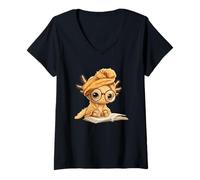 Donna Kawaii Axolotl Student Reading Book Lover Design Maglietta con Collo a V