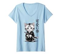 Donna Kawaii Baby Neko - Kawaii Kitten Samurai Gatto Maglietta con Collo a V