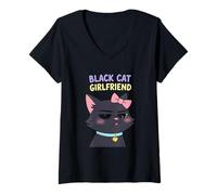 Donna Kawaii Black Cat Girlfriend Tee Divertente Coppia Regali Maglietta con Collo a V