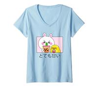 Donna Kawaii Carino Anime Coniglio e Anatra Bere Bubble Tea Maglietta con Collo a V