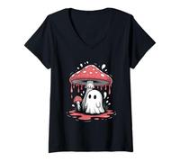 Donna Kawaii Carino Boo in Ombrello Fungo Halloween Cottagecore Maglietta con Collo a V