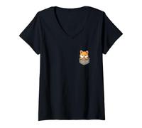 Donna Kawaii carino Shiba Inu in tasca Maglietta con Collo a V