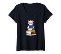Donna Kawaii Cartoon Kids Girls Books Reading Polar Bear Lover Maglietta con Collo a V