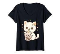 Donna Kawaii Cat Boba Carino Giapponese Estetica Maglietta con Collo a V