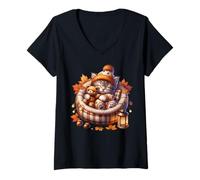 Donna Kawaii Cat Cuddle with Teddy Bear Autumn Kitten for Fall Maglietta con Collo a V