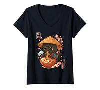 Donna Kawaii Cat Ramen Noodle Anime Giapponese Otaku Maglietta con Collo a V