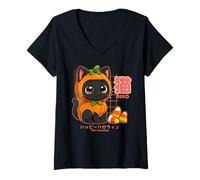Donna Kawaii Chibi Zucca Gatto Giapponese Halloween Vaporwave Maglietta con Collo a V