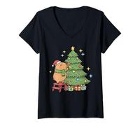 Donna Kawaii Christmas Capybara Decorating The Tree Maglietta con Collo a V