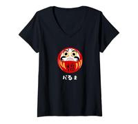 Donna Kawaii Daruma Bambola Giapponese Kanji Carino Daruma Maglietta con Collo a V