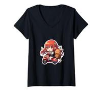 Donna Kawaii Design: Ragazza dai Capelli Rossi su Uno Scooter con Un Capybara Maglietta con Collo a V