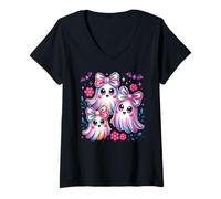 Donna Kawaii Fantasma Famiglia Fiocco Fiori Carino Halloween Pastello Spooky Maglietta con Collo a V