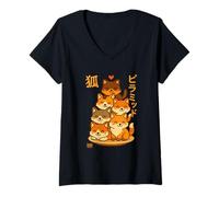 Donna Kawaii Fox Pyramid Anime Japanese Letters Cute Maglietta con Collo a V
