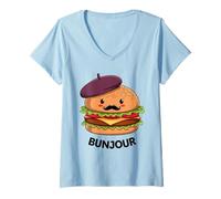 Donna Kawaii Francese Burger Beret Baffi Bonjour Maglietta con Collo a V