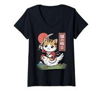 Donna Kawaii Gatto Cavalcando Pollo Anime Giapponese Divertente Samurai Gatto Maglietta con Collo a V