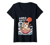Donna Kawaii Gatto Giapponese Mangia Ramen Noodles Anime Manga Style Maglietta con Collo a V