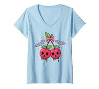 Donna Kawaii Halloween Ciliegie Civetta Fiocco Teschi Pastell Goth Maglietta con Collo a V
