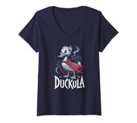 Donna Kawaii Halloween Conte DUCKULA Farmer Duck Horror Film Maglietta con Collo a V