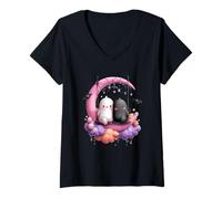 Donna Kawaii Halloween Luna Fantasmi su Swing Maglietta con Collo a V