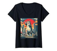 Donna Kawaii Kaiju Cat - Simpatico Mostro Anime a Japan City Maglietta con Collo a V