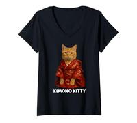 Donna Kawaii Kimono Gatto Giapponese Carino Floreale Stile Anime Maglietta con Collo a V